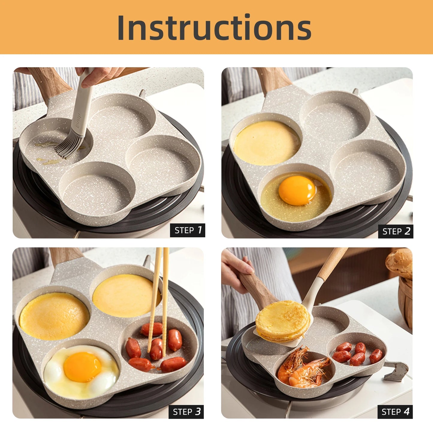 2/ 4 Holes Frying Pot Pan Black Thickened Kitchen Omelet Non-Stick Egg Poacher Pancake Crepe Steak Cooking Ham Breakfast Maker