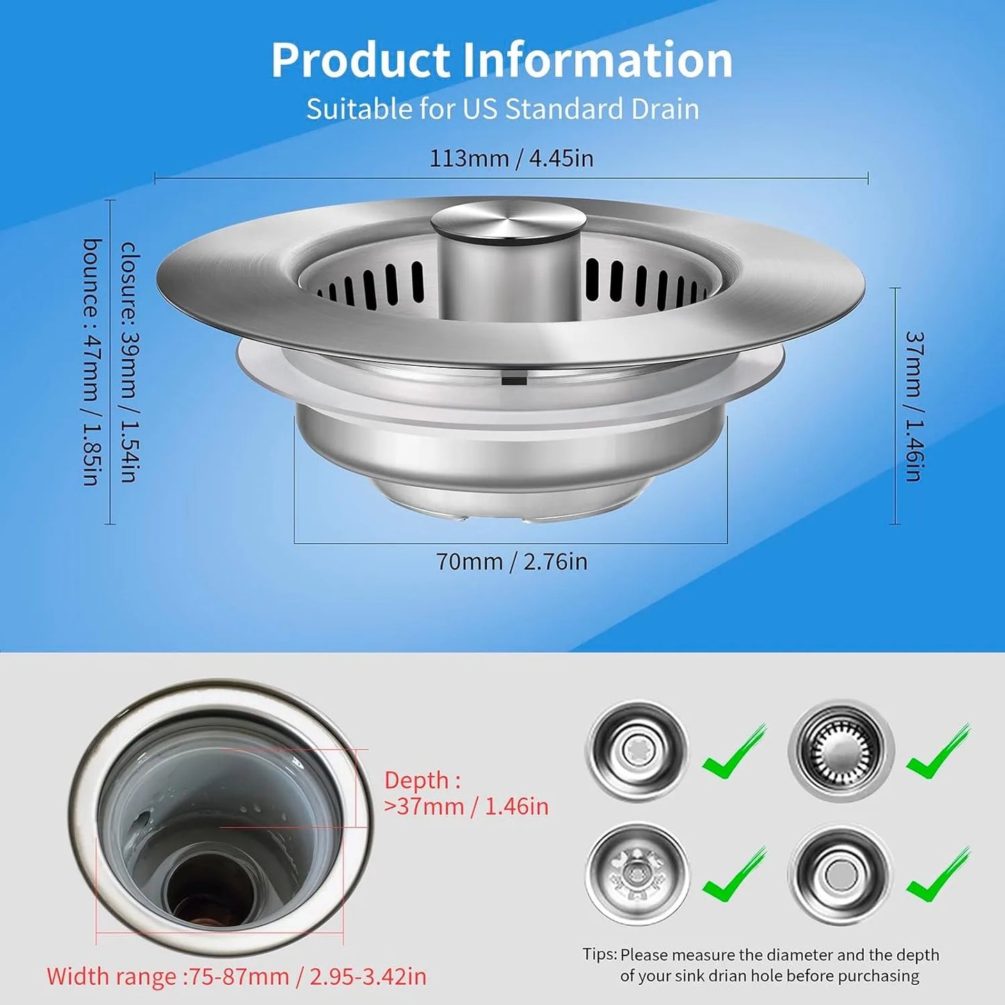 Stainless Steel Smart Drain Plug for Kitchen Sink